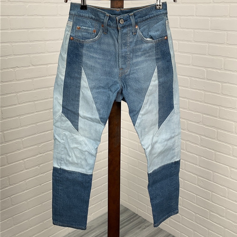 Levis 501S Jeans Womens 26W 26L Blue Patchwork‎ Boho Crafted Button Fly Denim